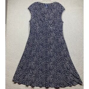 Chaps Polka Dot Dress Womens XL Navy Blue V-Neck Cap Sleeve Empire Waist A-Line